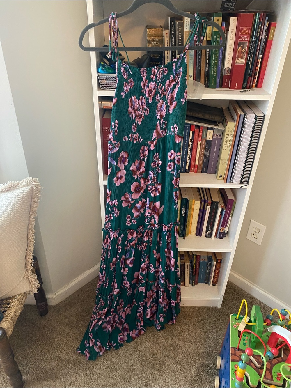 Free People Green Floral Maxi Dress with Pink Blooms and Tie Shoulders